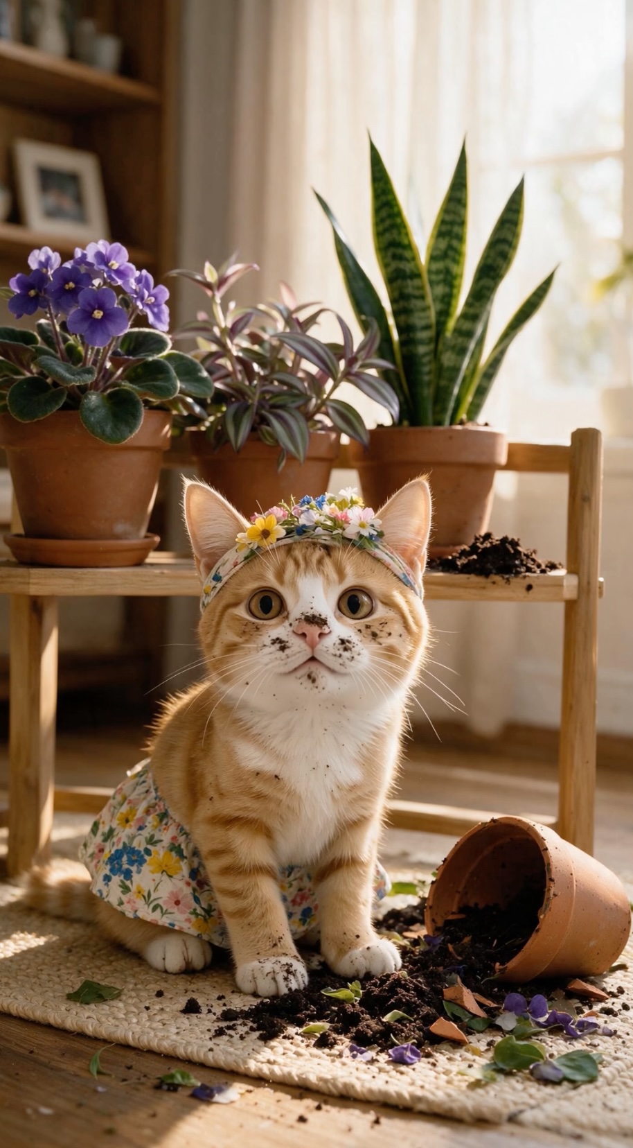 Умка, рыжая кошка, в костюме садовницы