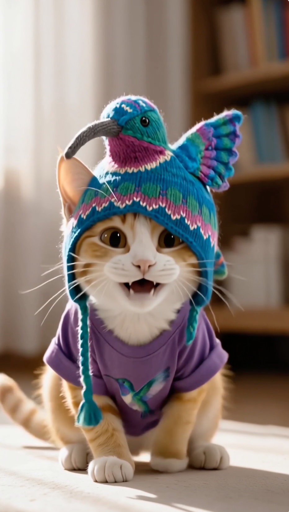 Умка, рыжая кошка, с колибри на голове